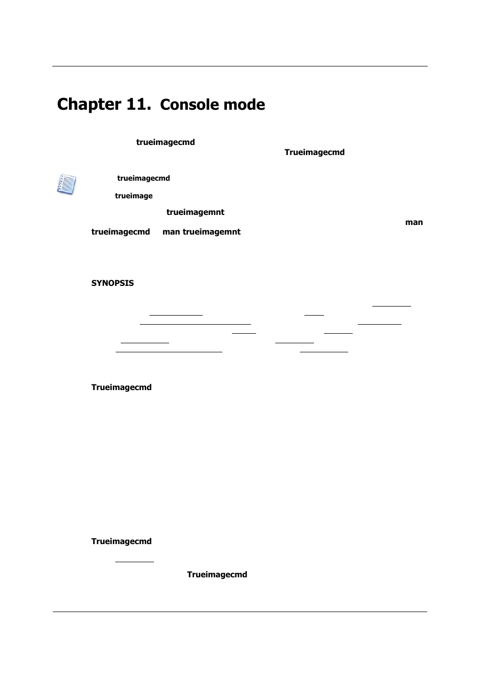 Console mode, Supported commands, Chapter 11 | Reating and restoring images in the console mode, Trueimagecmd, Em. see, For usi | Acronis True Image 9.1 Server for Linux - User Guide User Manual | Page 63 / 82