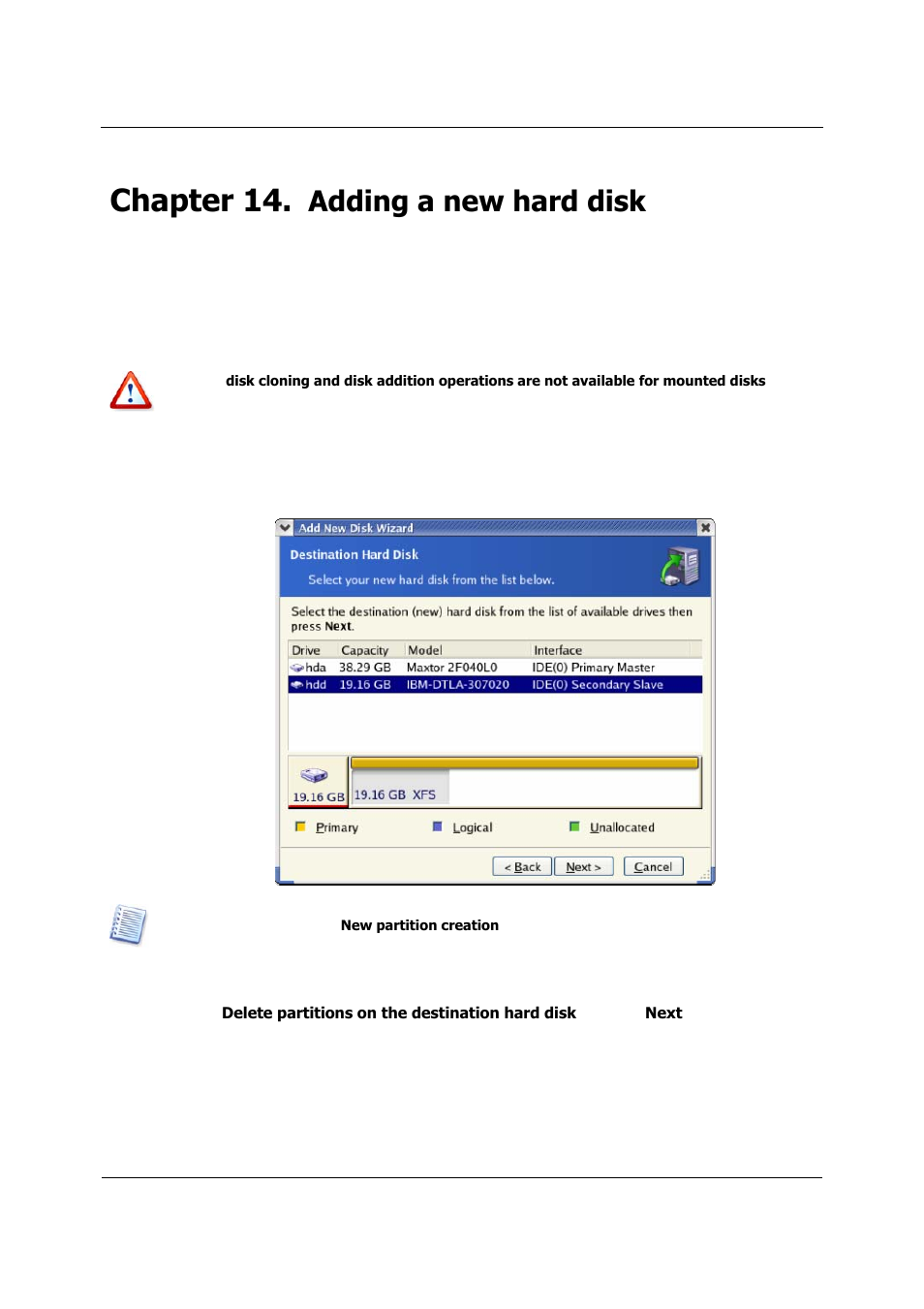 Adding a new hard disk, Selecting a hard disk, Creating a new partition | Chapter 14, Electing a hard disk, Reating a new partition | Acronis True Image 9.1 Server for Linux - User Guide User Manual | Page 81 / 82