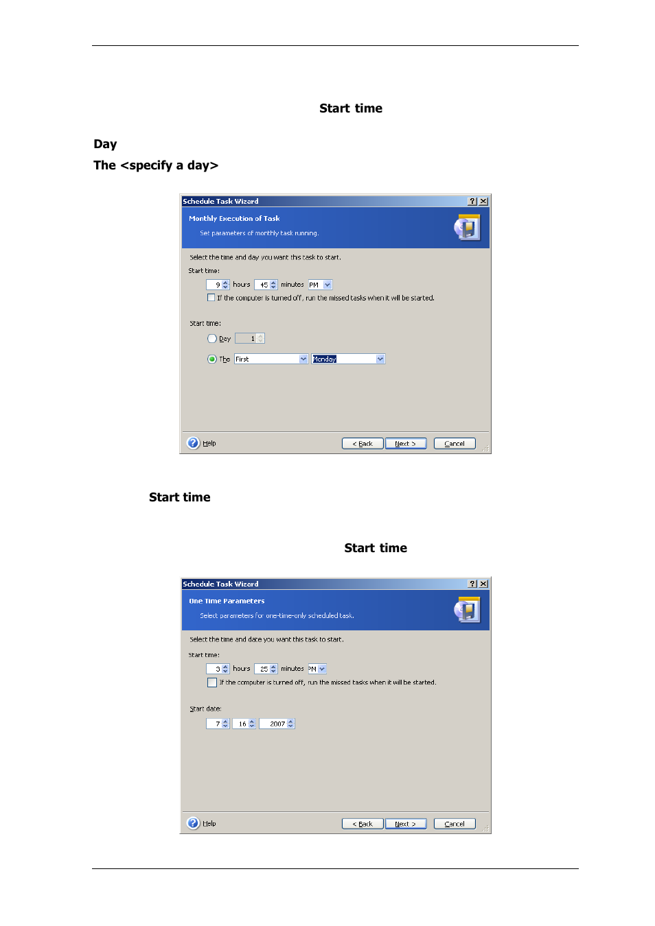 3 setting up monthly execution, 4 setting up one-time execution | Acronis True Image for MS SBS Server  - User Guide User Manual | Page 104 / 157