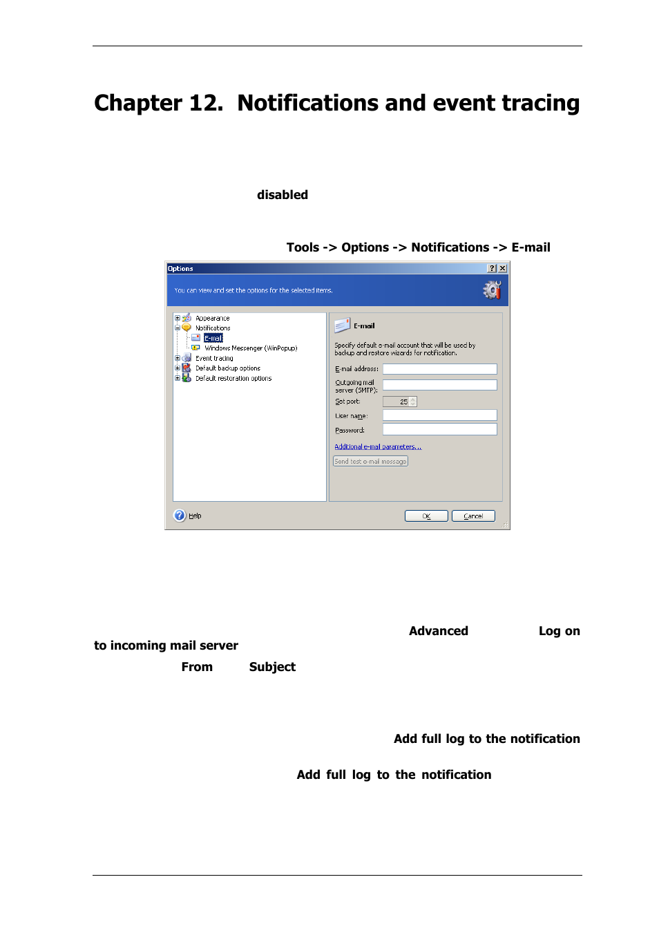 Chapter 12. notifications and event tracing, 1 email notification | Acronis True Image for MS SBS Server  - User Guide User Manual | Page 122 / 157