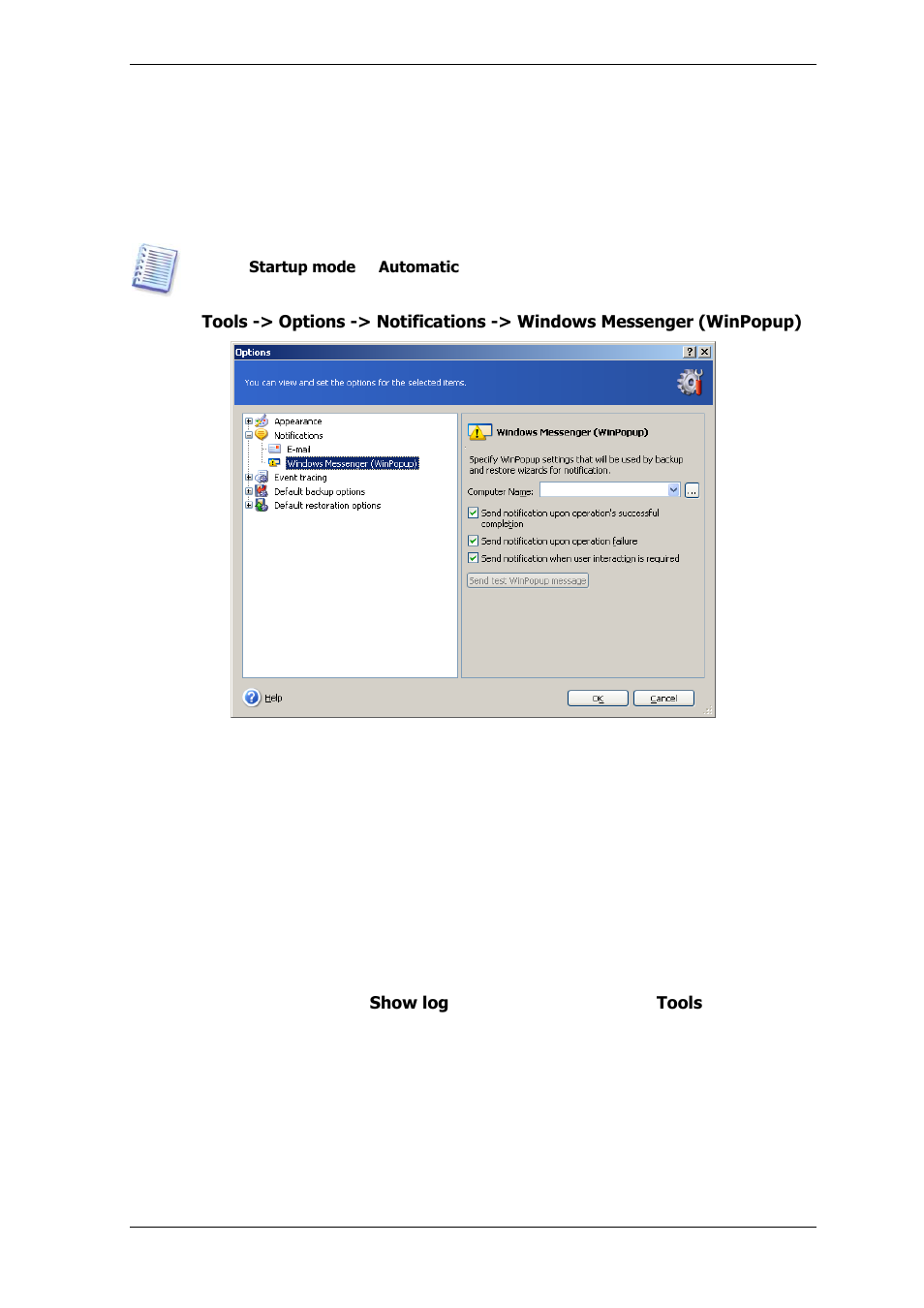 2 winpopup notification, 3 viewing logs | Acronis True Image for MS SBS Server  - User Guide User Manual | Page 123 / 157