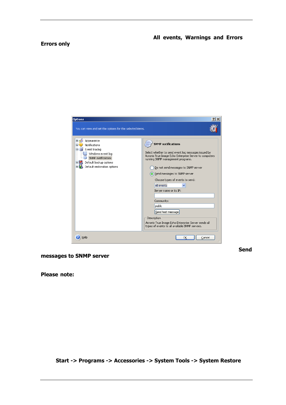 2 snmp notifications, 5 managing system restore | Acronis True Image for MS SBS Server  - User Guide User Manual | Page 125 / 157