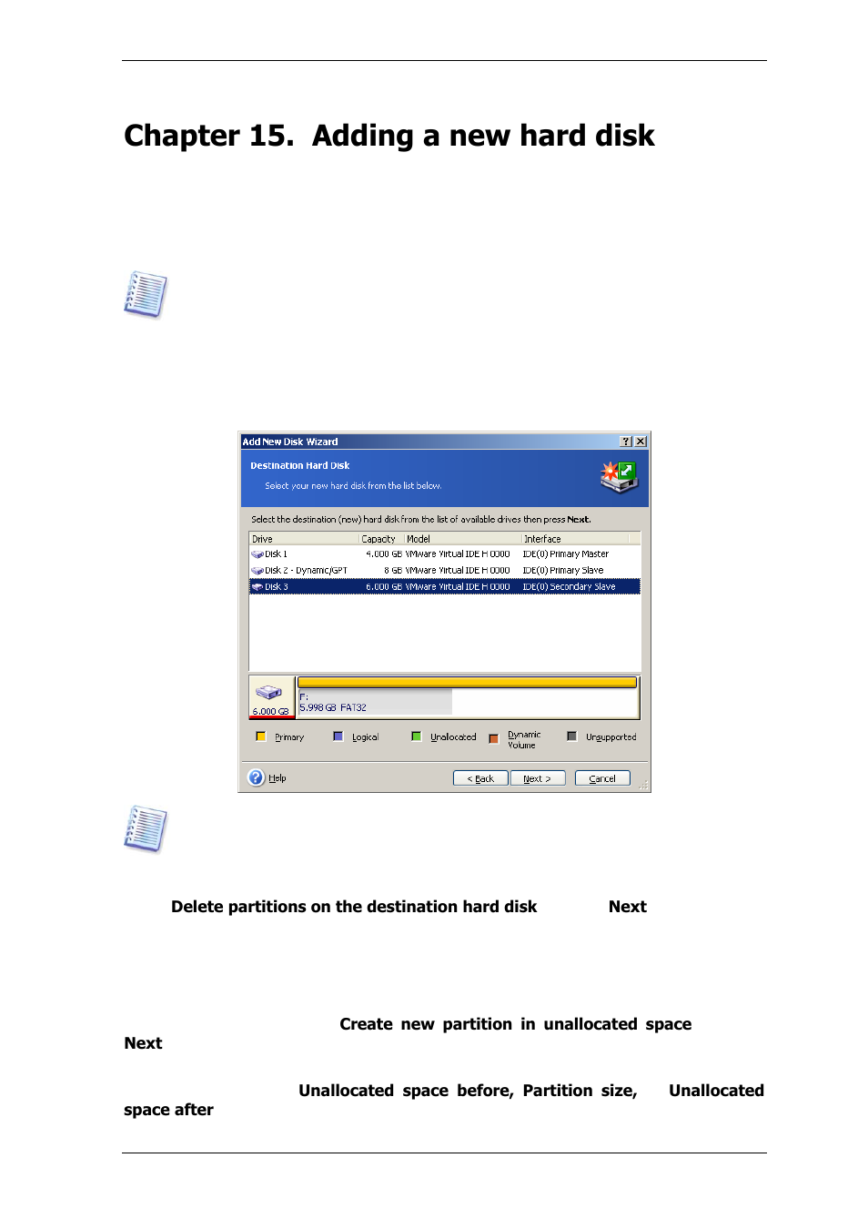 Chapter 15. adding a new hard disk, 1 selecting a hard disk, 2 creating new partitions | Acronis True Image for MS SBS Server  - User Guide User Manual | Page 140 / 157
