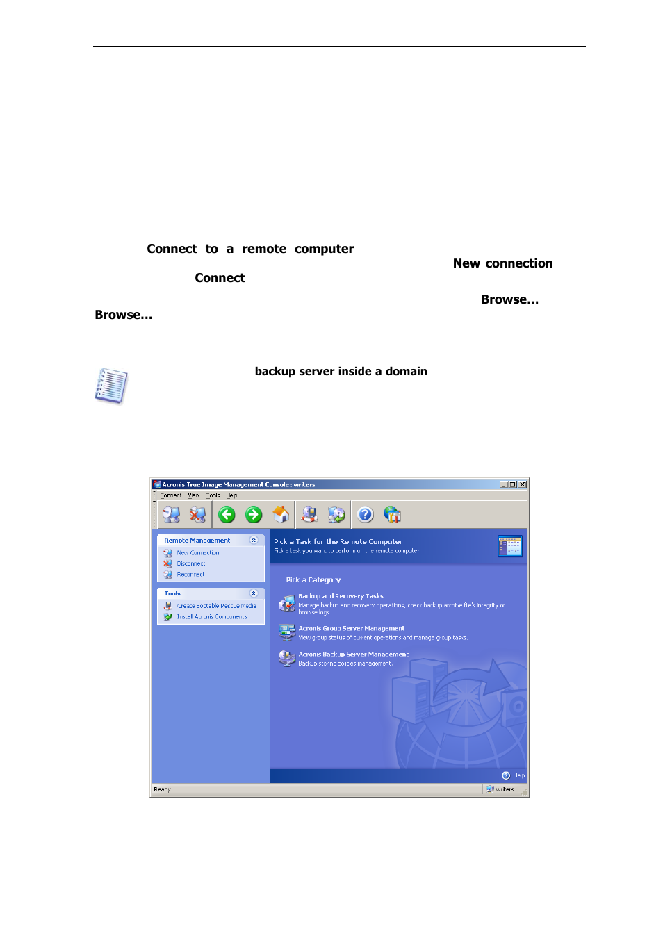 3 managing a single remote computer, 1 connecting to a remote computer | Acronis True Image for MS SBS Server  - User Guide User Manual | Page 43 / 157