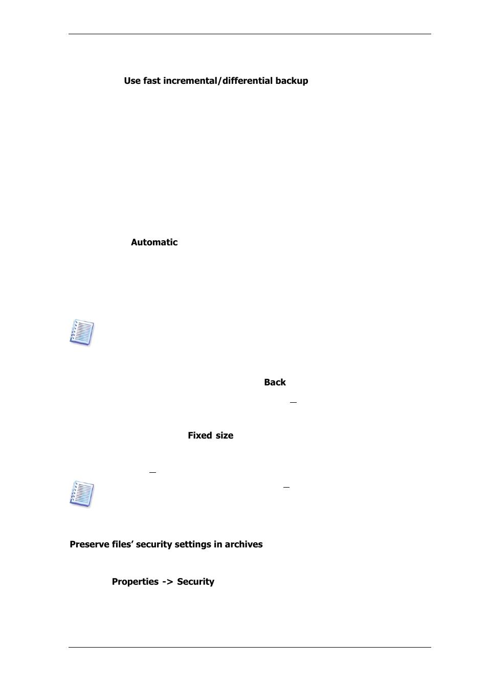 7 fast incremental/differential backup, 8 archive splitting, 9 file-level security settings | Acronis True Image for MS SBS Server  - User Guide User Manual | Page 77 / 157