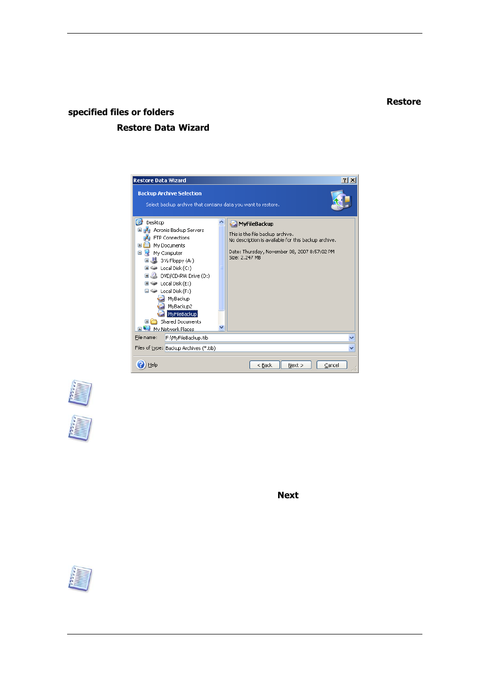 2 restoring files and folders from file archives | Acronis True Image for MS SBS Server  - User Guide User Manual | Page 84 / 157