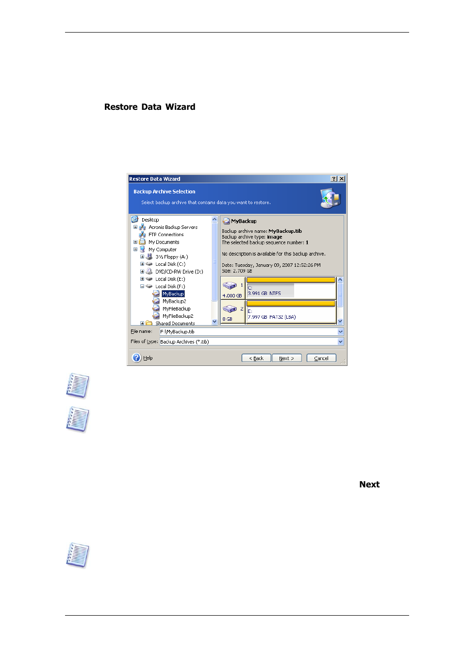 1 starting the restore data wizard, 2 archive selection | Acronis True Image for MS SBS Server  - User Guide User Manual | Page 87 / 157
