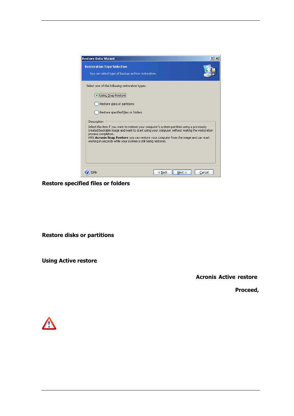 3 restoration type selection | Acronis True Image for MS SBS Server  - User Guide User Manual | Page 88 / 157