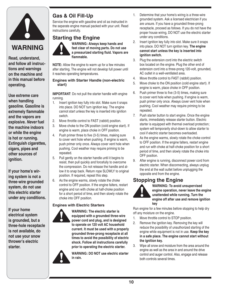 Warning, Gas & oil fill-up, Starting the engine | Stopping the engine | Bolens 31AE6GKF500 User Manual | Page 10 / 48