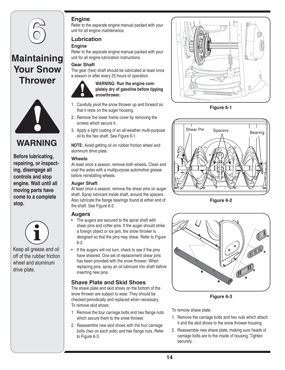 Maintaining your snow thrower, Warning | Bolens 31AE6GKF500 User Manual | Page 14 / 48