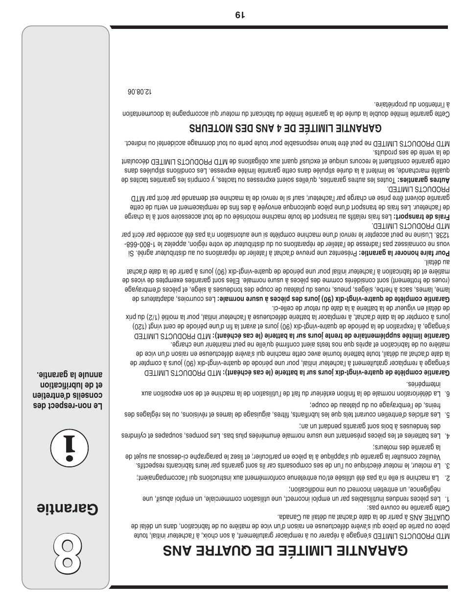 Garantie, Garantie limitée de qu atre ans, Gar ant ie l im ité e de 4 a ns d es m ote urs | Bolens 31AE6GKF500 User Manual | Page 30 / 48