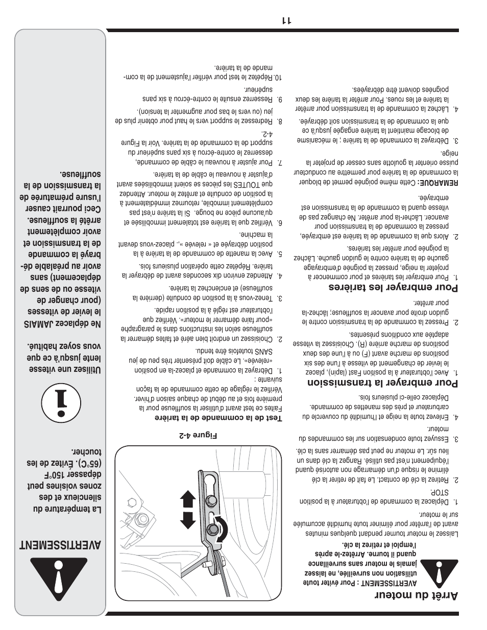 Aver tissement, Arr êt d u mo teu r, Pour embra yer la transmission | Pour embra yer les tarières | Bolens 31AE6GKF500 User Manual | Page 38 / 48