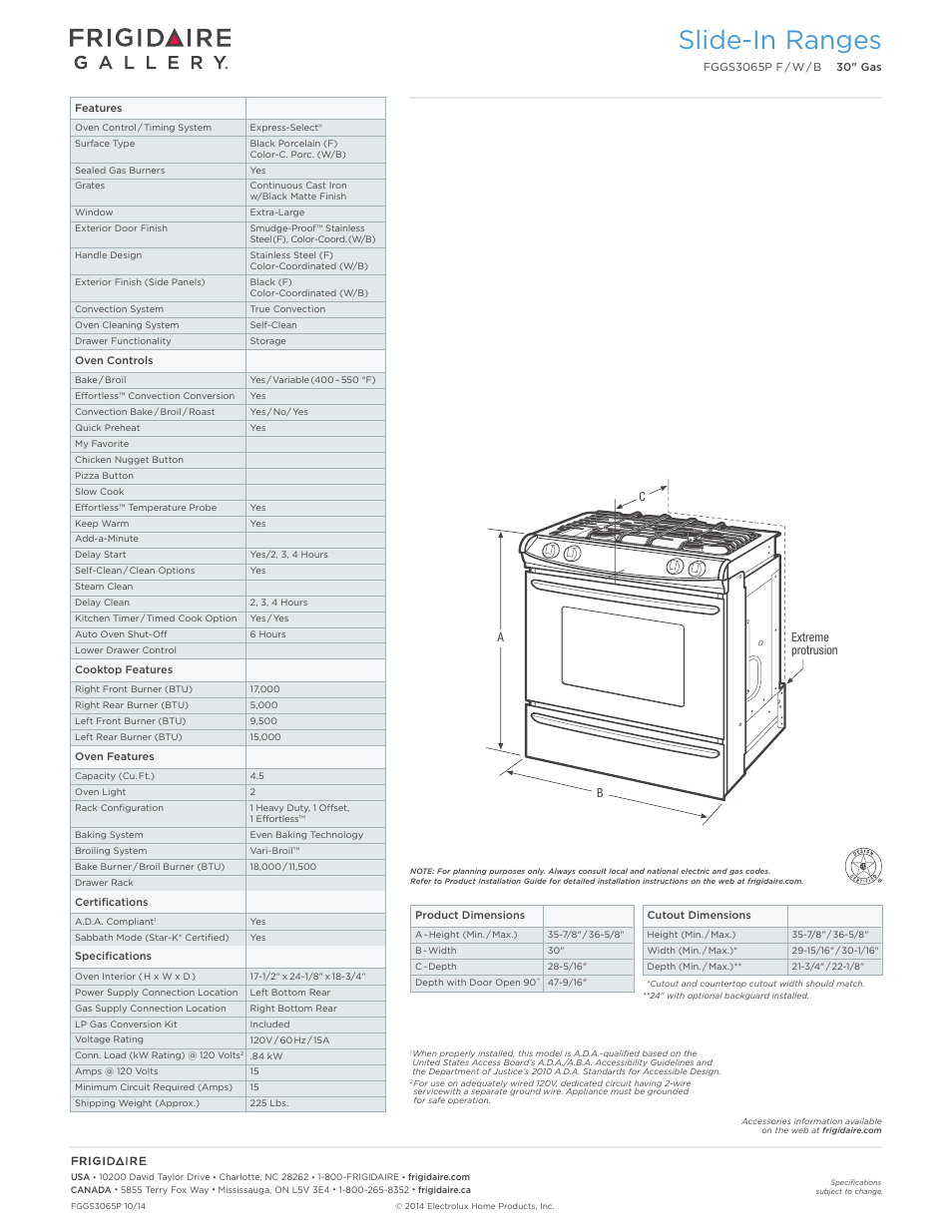 Slide-in gas ranges frigidaire baseline, Slide-in ranges | FRIGIDAIRE FGGS3065PW User Manual | Page 2 / 7
