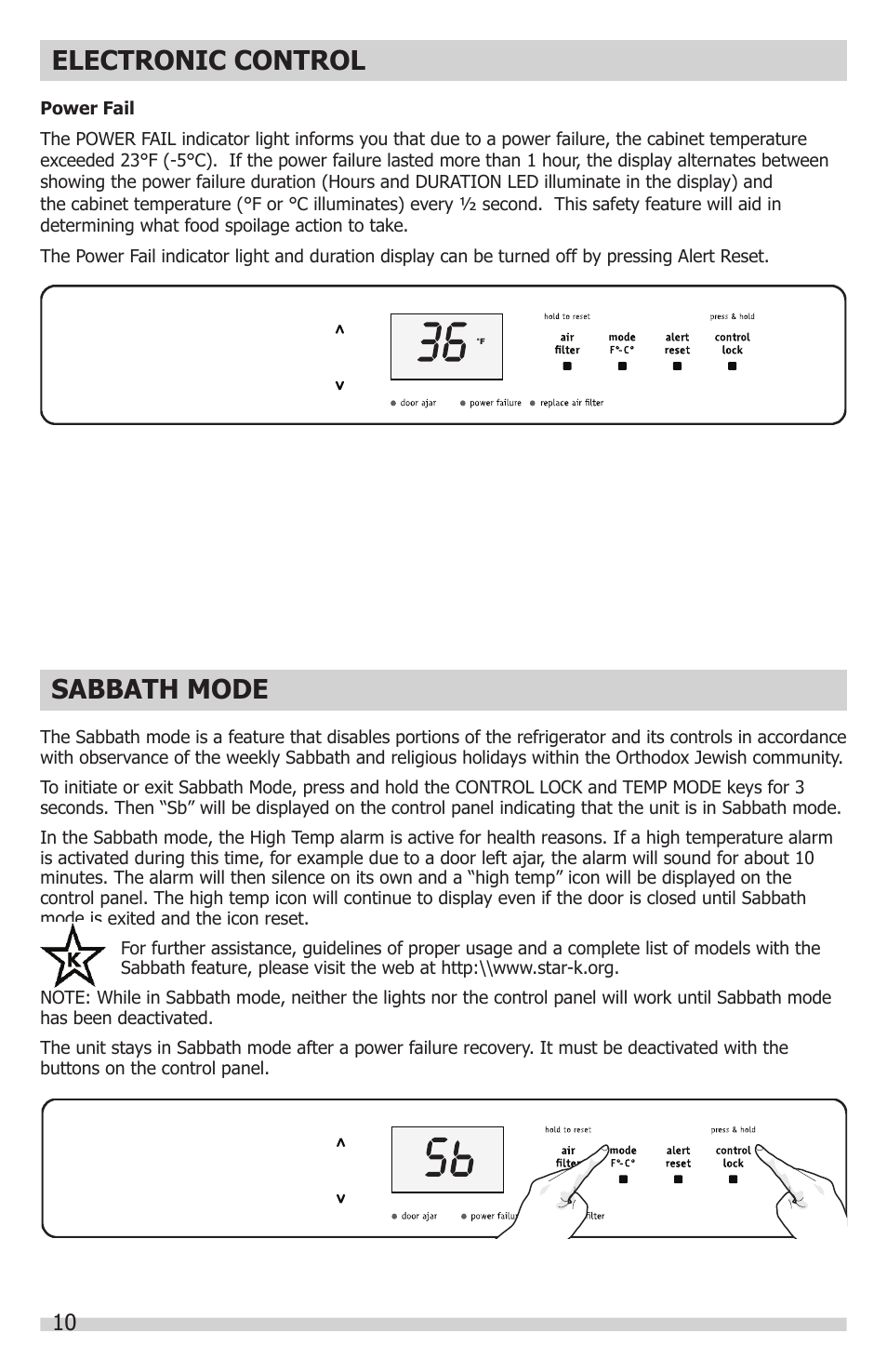 Sabbath mode, Electronic control | FRIGIDAIRE FGFU19F6QF User Manual | Page 10 / 24