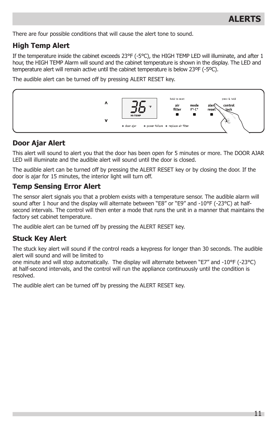 Alerts, High temp alert, Door ajar alert | Temp sensing error alert, Stuck key alert | FRIGIDAIRE FGFU19F6QF User Manual | Page 11 / 24