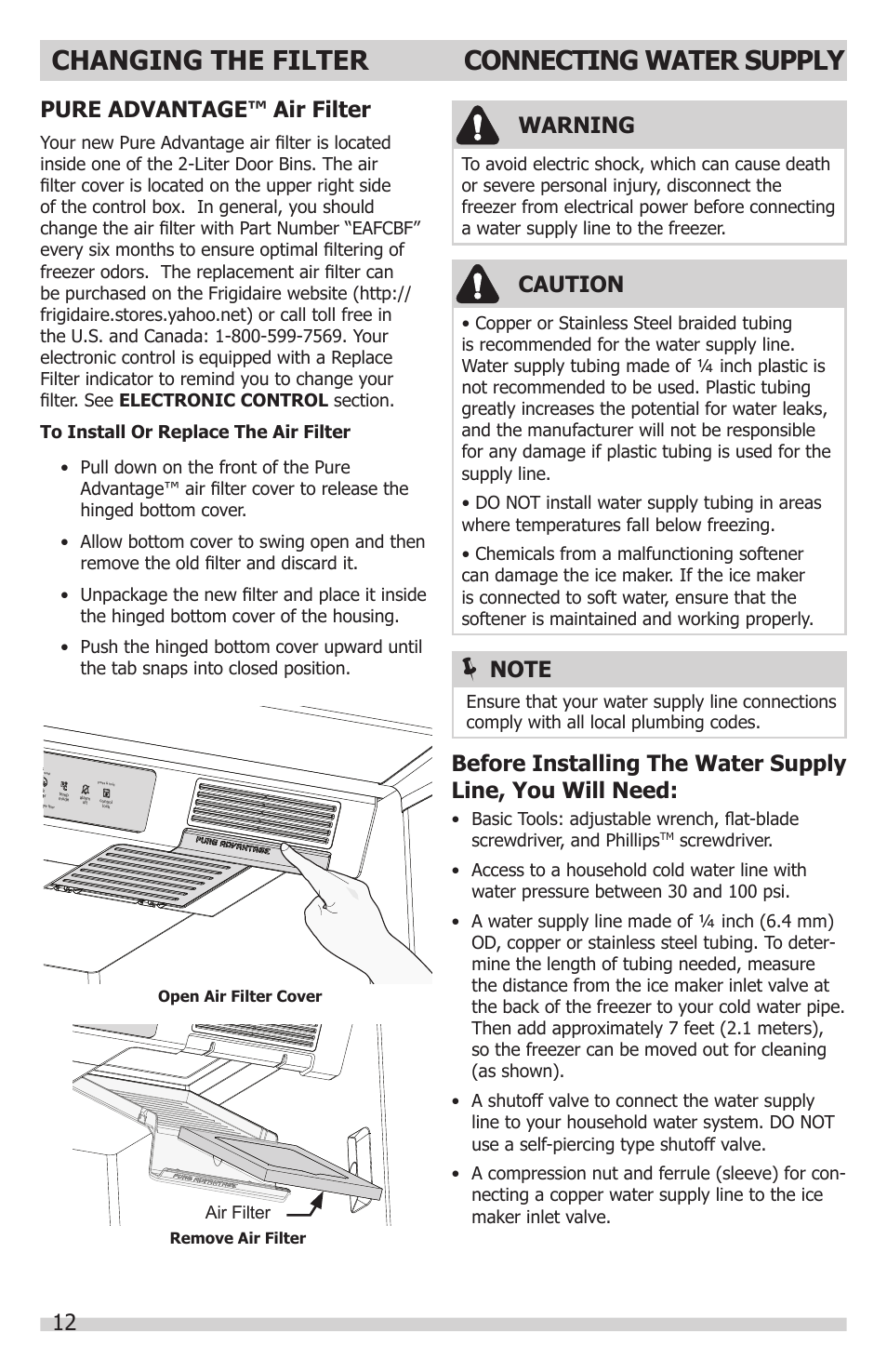 Changing the filter, Connecting water supply, Pure advantage™ air filter | Warning, Caution | FRIGIDAIRE FGFU19F6QF User Manual | Page 12 / 24