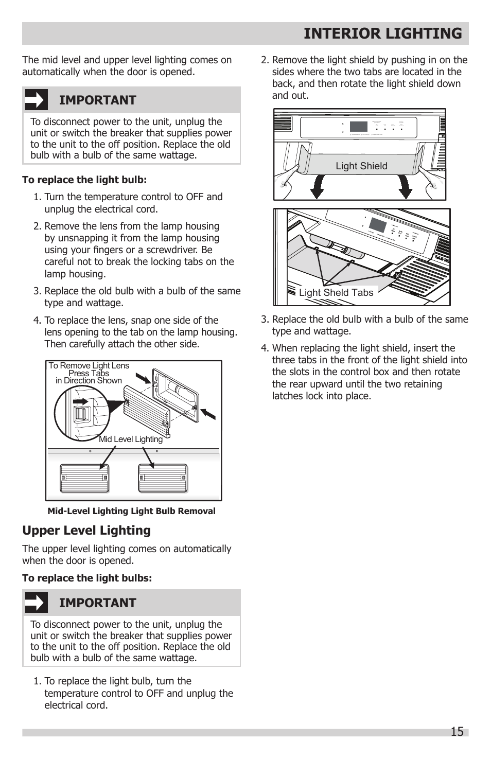 Interior lighting, Important, Upper level lighting | FRIGIDAIRE FGFU19F6QF User Manual | Page 15 / 24