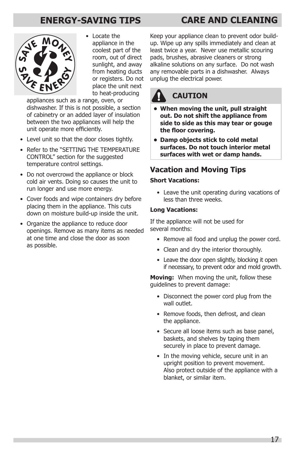 Care and cleaning, Energy-saving tips, Caution | Vacation and moving tips | FRIGIDAIRE FGFU19F6QF User Manual | Page 17 / 24