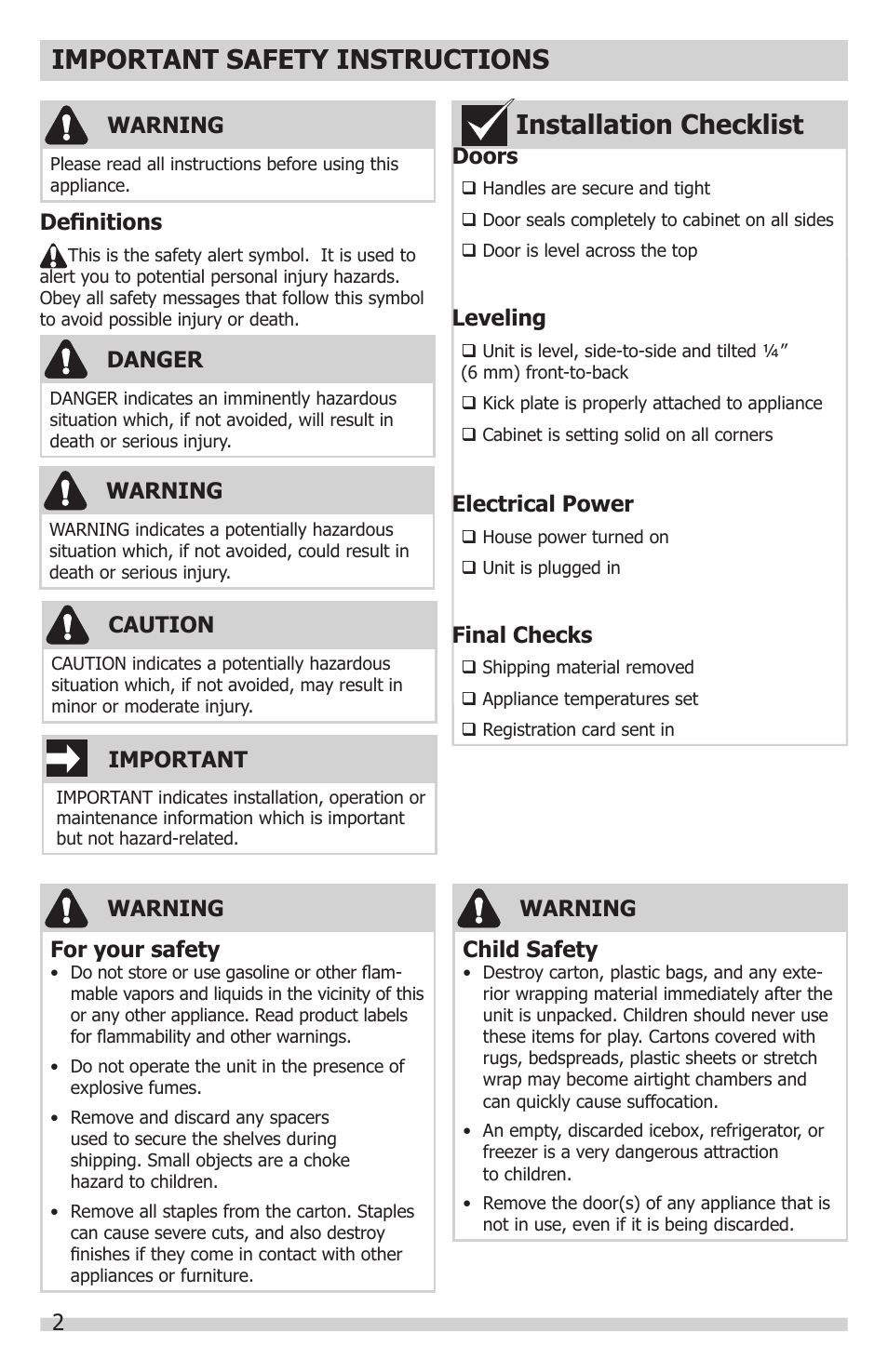 Important safety instructions, Installation checklist | FRIGIDAIRE FGFU19F6QF User Manual | Page 2 / 24