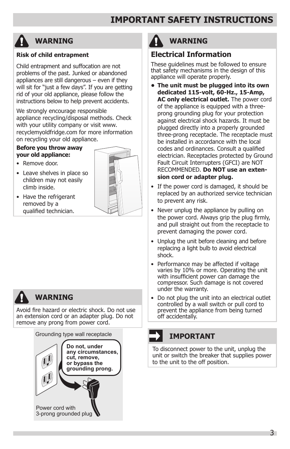 Important safety instructions, 3warning, Important | Warning electrical information, Warning | FRIGIDAIRE FGFU19F6QF User Manual | Page 3 / 24