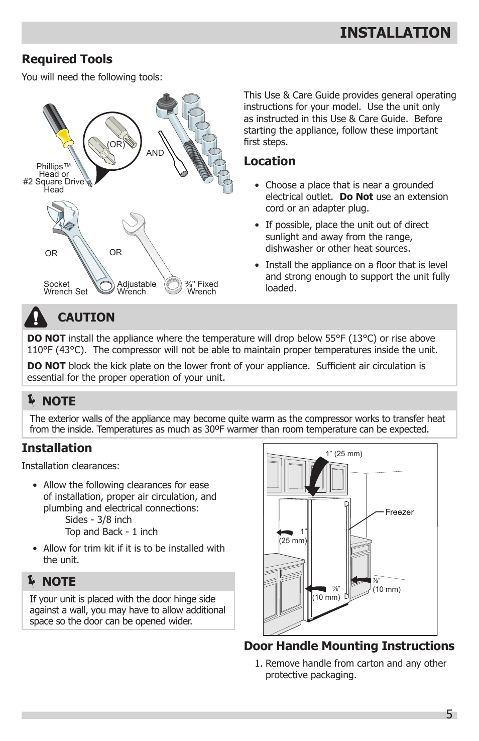 Installation, Required tools, Location | Caution, Door handle mounting instructions | FRIGIDAIRE FGFU19F6QF User Manual | Page 5 / 24