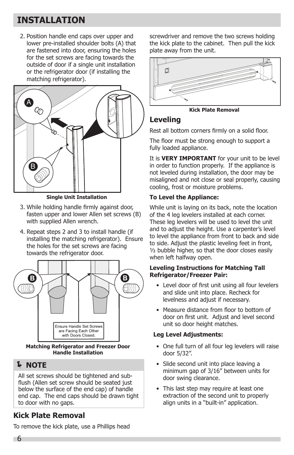 Installation, Kick plate removal, Leveling | FRIGIDAIRE FGFU19F6QF User Manual | Page 6 / 24