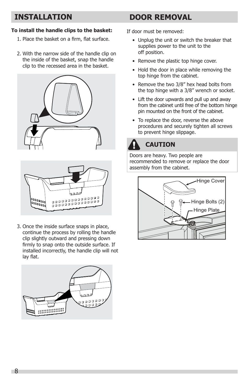 Door removal, Installation, Caution | FRIGIDAIRE FGFU19F6QF User Manual | Page 8 / 24
