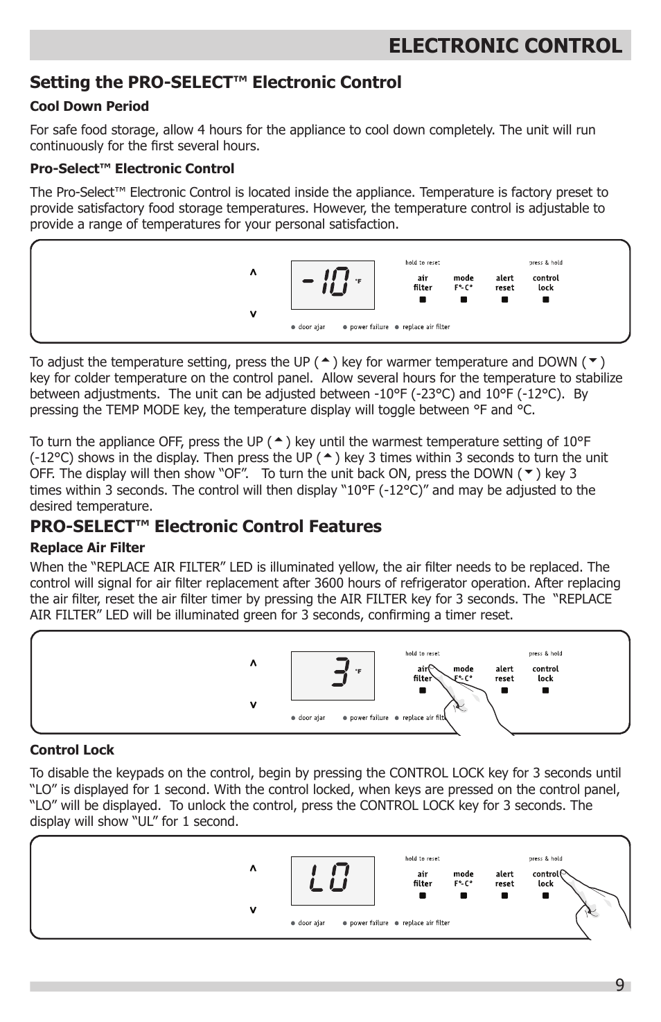 Electronic control, Setting the pro-select™ electronic control, Pro-select™ electronic control features | FRIGIDAIRE FGFU19F6QF User Manual | Page 9 / 24