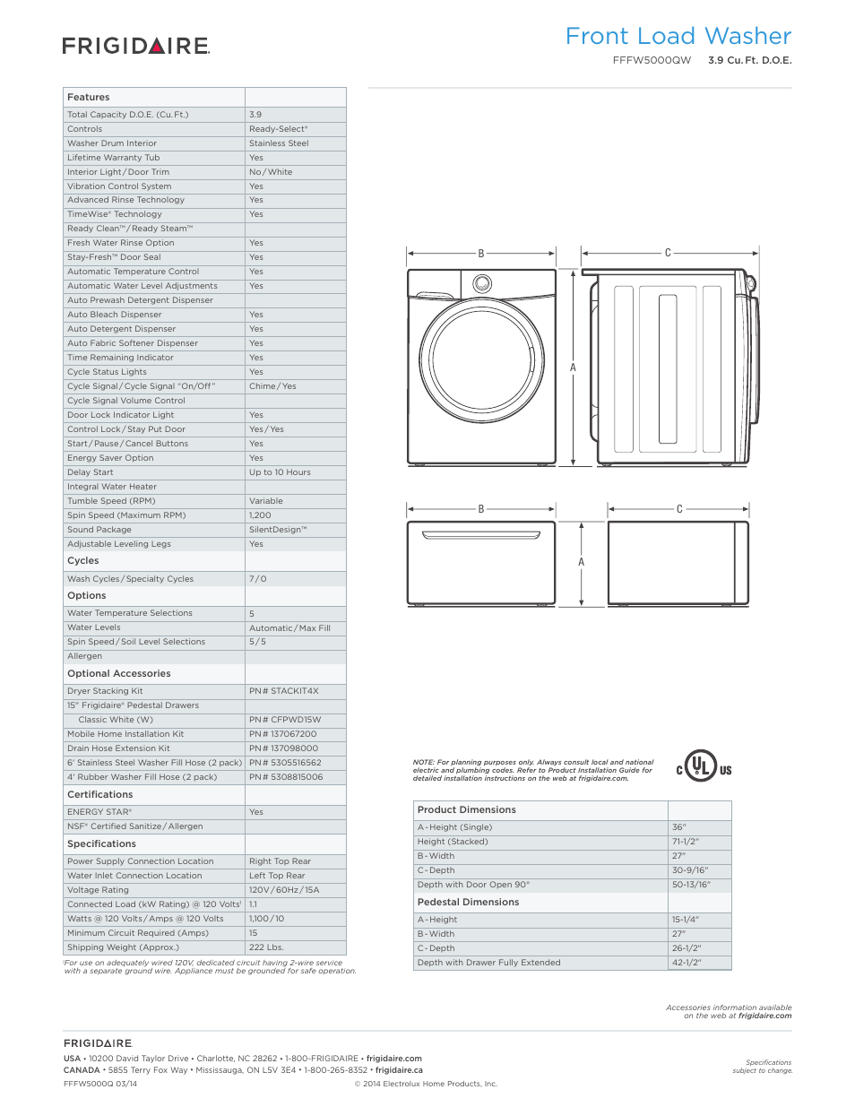 Front load washer | FRIGIDAIRE FFFW5000QW User Manual | Page 2 / 3