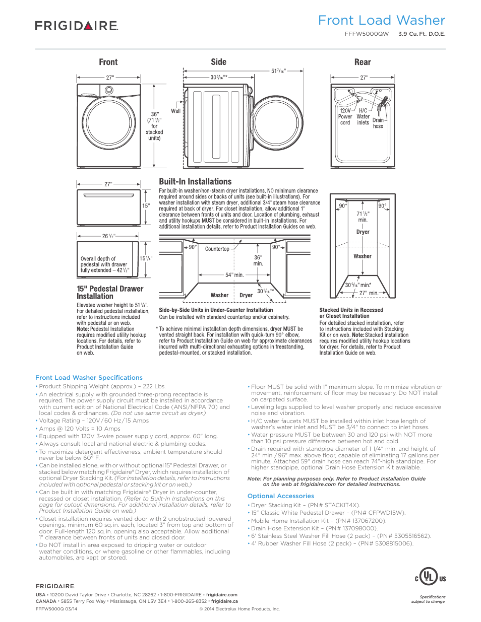 Front load washer | FRIGIDAIRE FFFW5000QW User Manual | Page 3 / 3