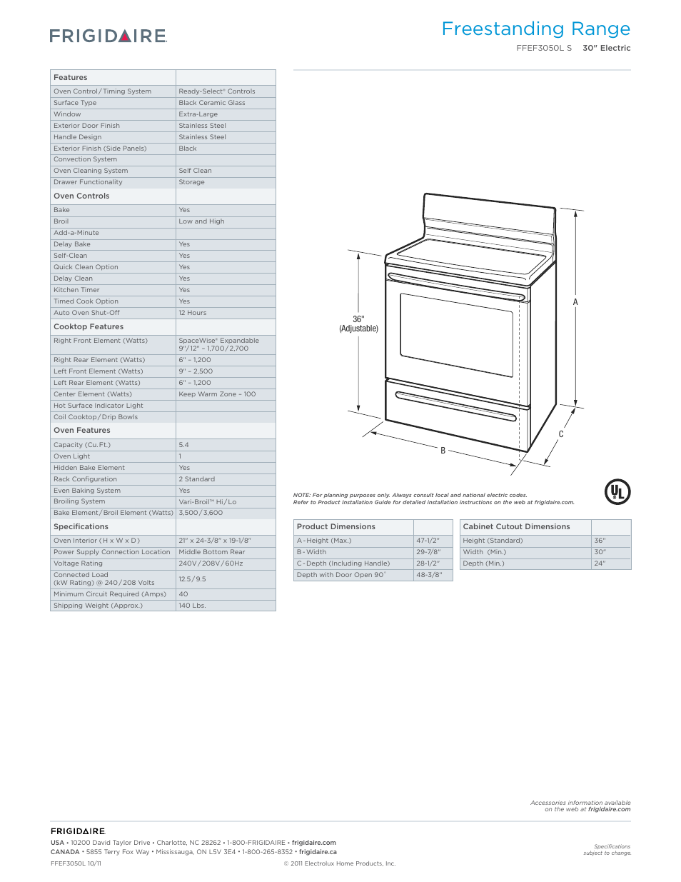 Freestanding range | FRIGIDAIRE FFEF3050LS User Manual | Page 2 / 7