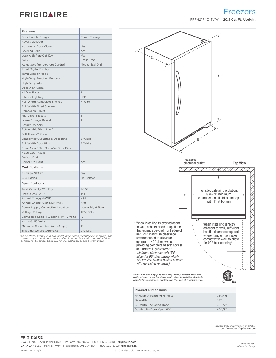 Freezers | FRIGIDAIRE FFFH21F4QW User Manual | Page 2 / 3
