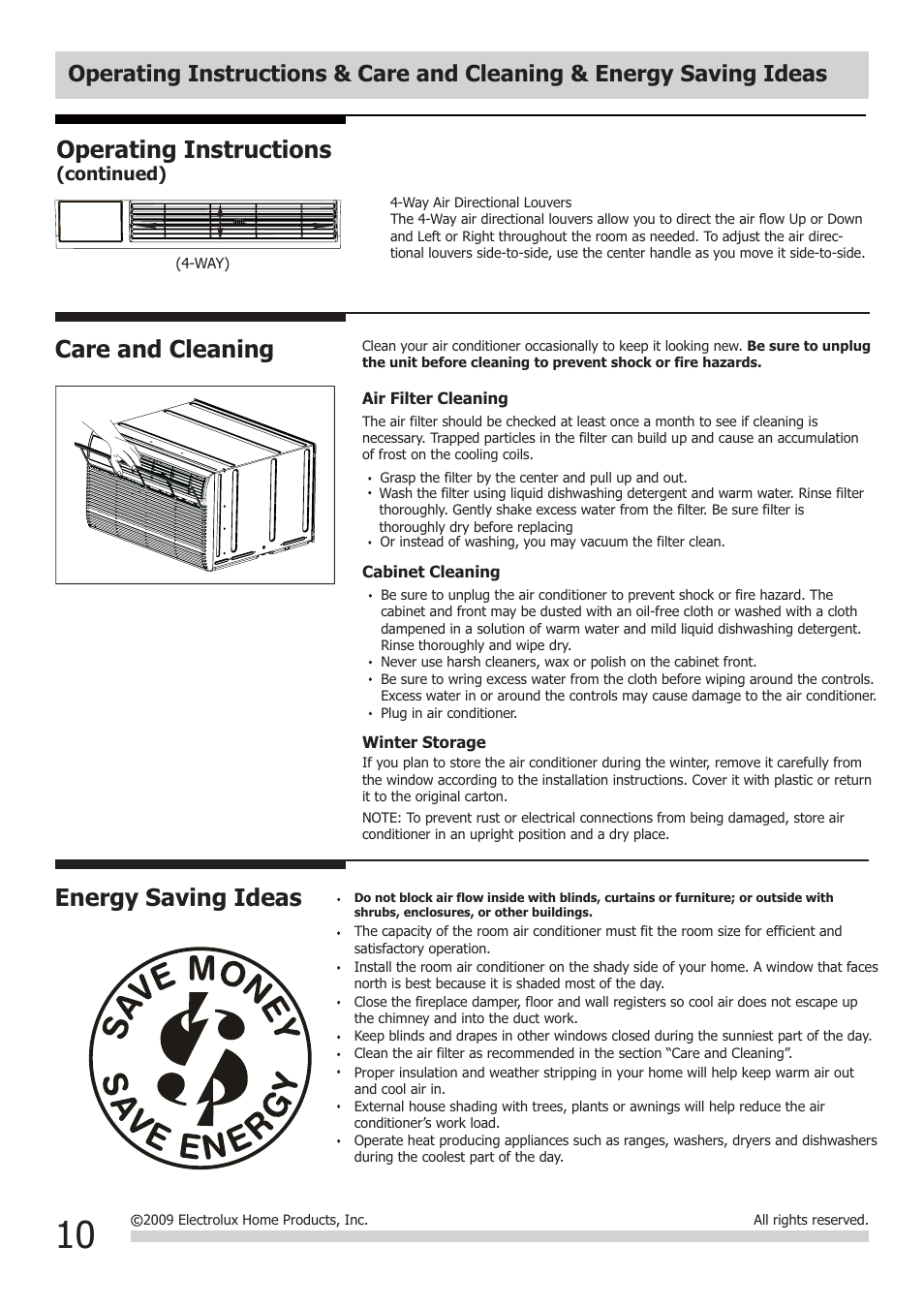 Energy saving ideas, Care and cleaning, Operating instructions | FRIGIDAIRE FRA12EHT2 User Manual | Page 10 / 12