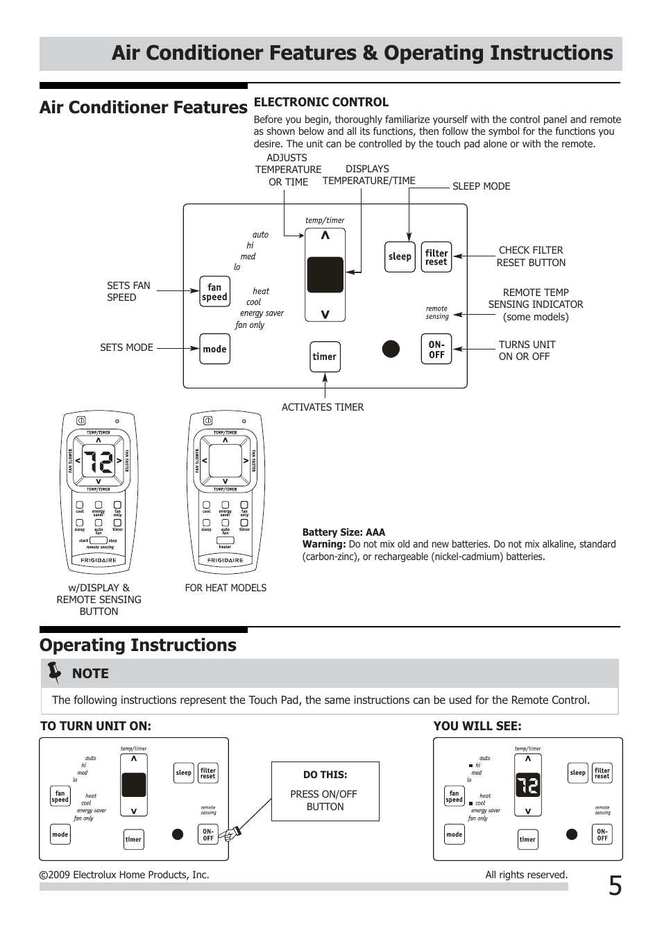 Air conditioner features & operating instructions, Air conditioner features, Operating instructions | FRIGIDAIRE FRA12EHT2 User Manual | Page 5 / 12