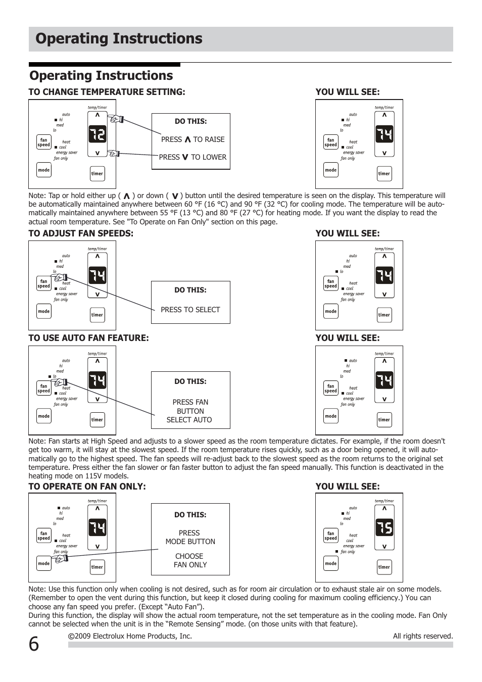 Operating instructions | FRIGIDAIRE FRA12EHT2 User Manual | Page 6 / 12