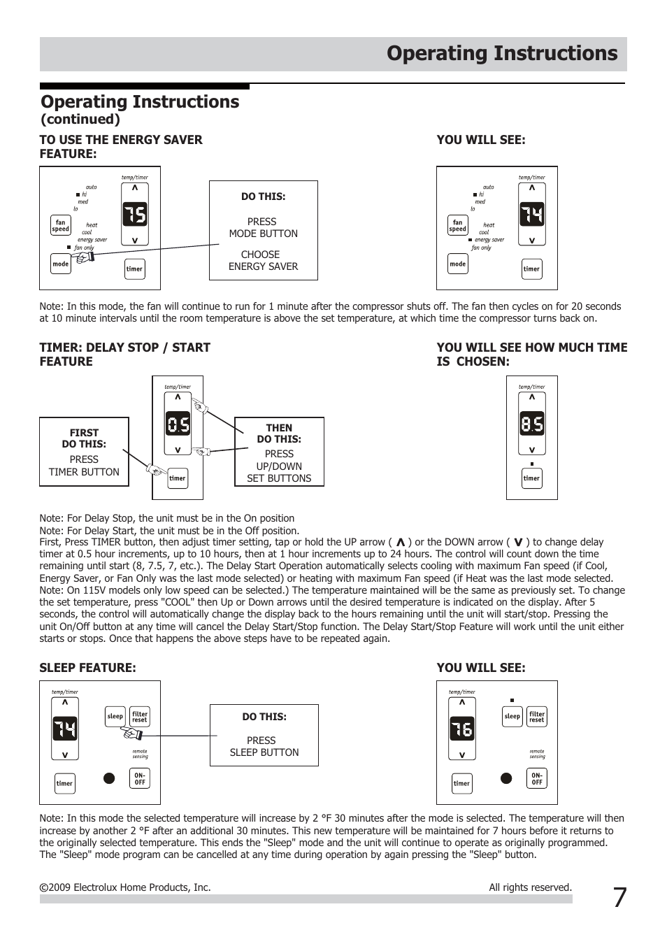 Operating instructions | FRIGIDAIRE FRA12EHT2 User Manual | Page 7 / 12
