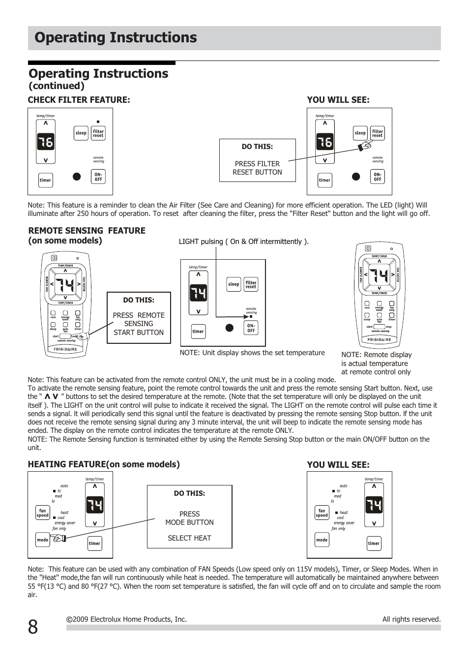 Operating instructions | FRIGIDAIRE FRA12EHT2 User Manual | Page 8 / 12