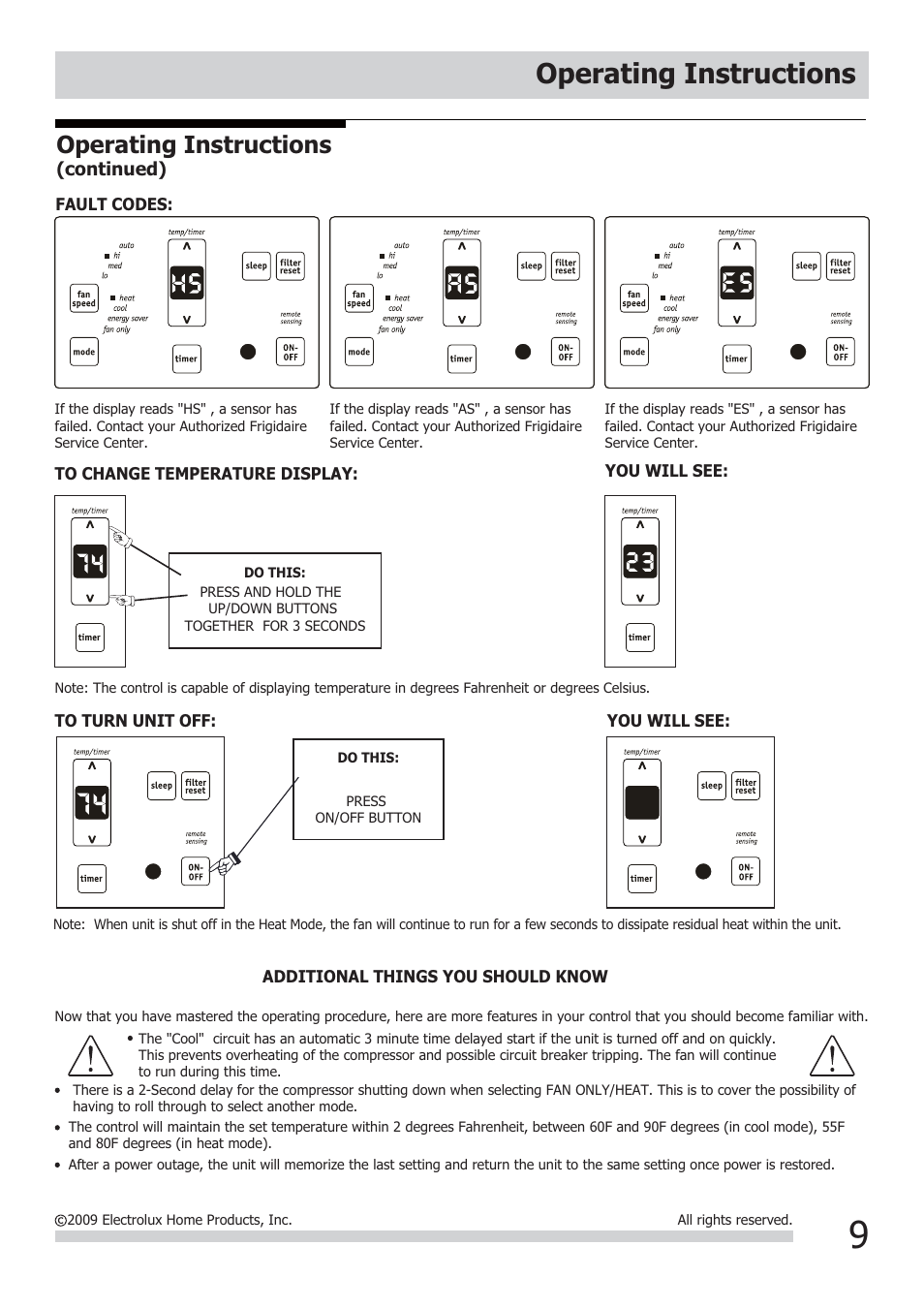 Operating instructions | FRIGIDAIRE FRA12EHT2 User Manual | Page 9 / 12