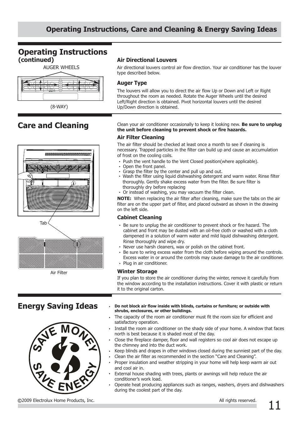 Care and cleaning, Energy saving ideas, Operating instructions | FRIGIDAIRE FFRH1822Q2 User Manual | Page 11 / 13