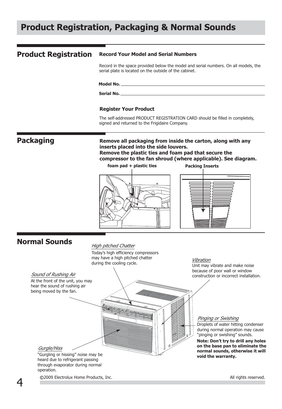 Product registration, packaging & normal sounds, Normal sounds, Product registration | Packaging | FRIGIDAIRE FFRH1822Q2 User Manual | Page 4 / 13