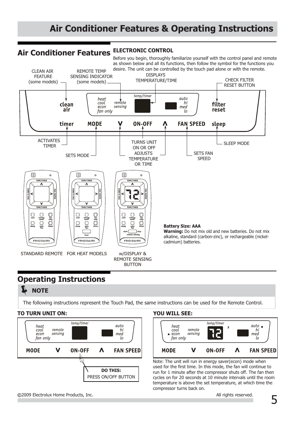 Air conditioner features & operating instructions, Air conditioner features, Operating instructions | FRIGIDAIRE FFRH1822Q2 User Manual | Page 5 / 13