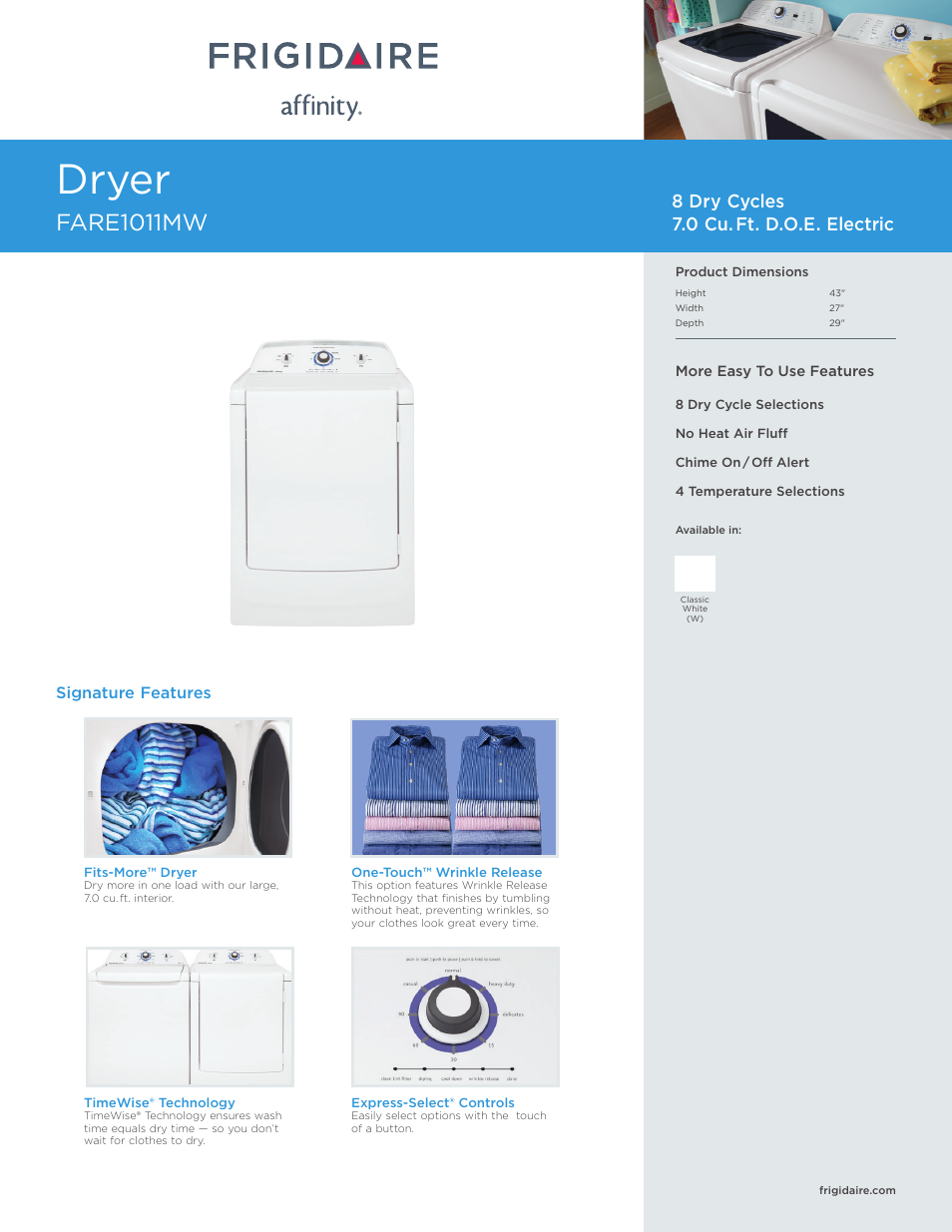 FRIGIDAIRE FARE1011MW User Manual | 3 pages