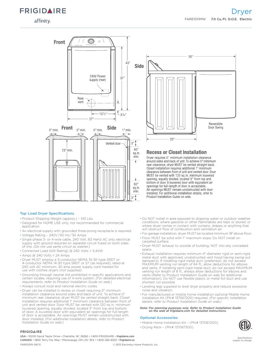 Dryer | FRIGIDAIRE FARE1011MW User Manual | Page 3 / 3