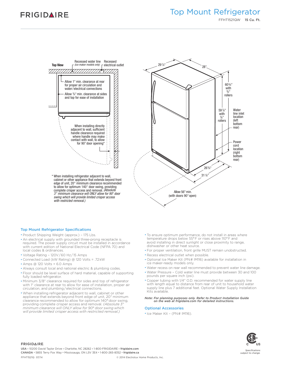 Top mount refrigerator - 15 cu. ft. baseline, Top mount refrigerator | FRIGIDAIRE FFHT1521QW User Manual | Page 3 / 4