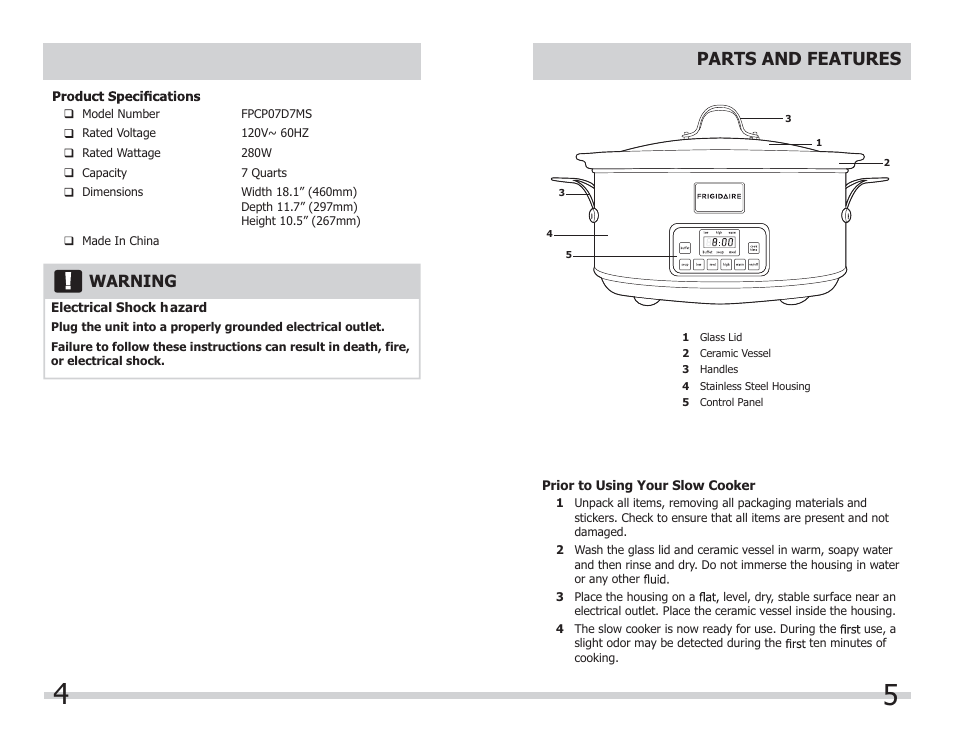 Parts and features, Prior to using your slow cooker, H warning | FRIGIDAIRE FPCP07D7MS User Manual | Page 3 / 7