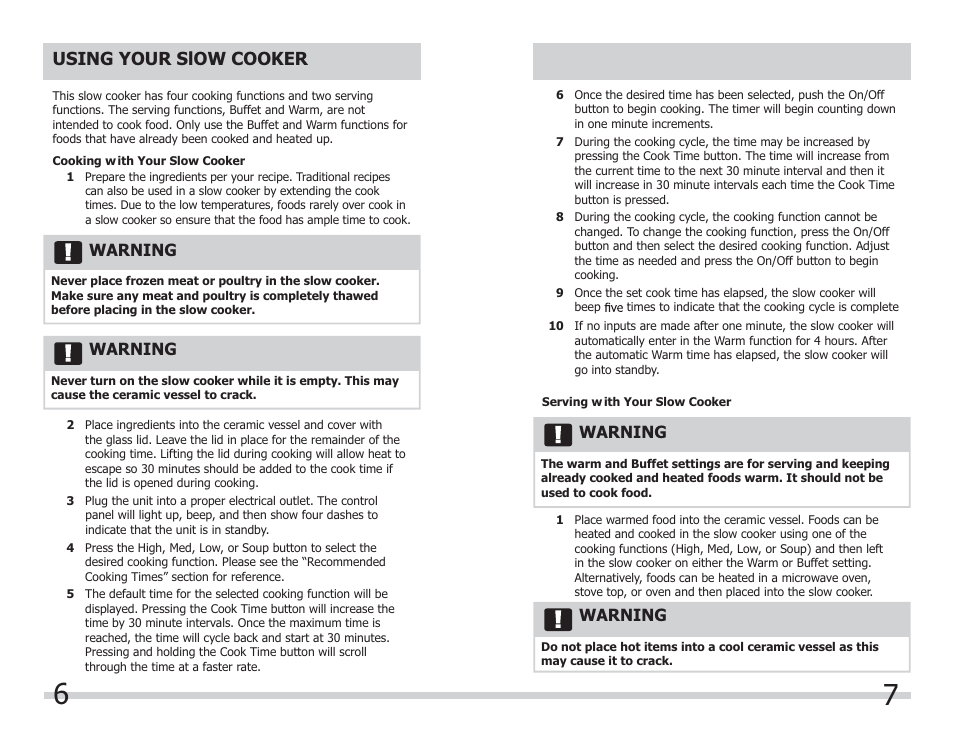 Using your slow cooker, Warning | FRIGIDAIRE FPCP07D7MS User Manual | Page 4 / 7