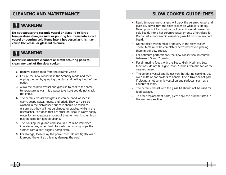 Cleaning and maintenance, Warning, Slow cooker guidelines | FRIGIDAIRE FPCP07D7MS User Manual | Page 6 / 7