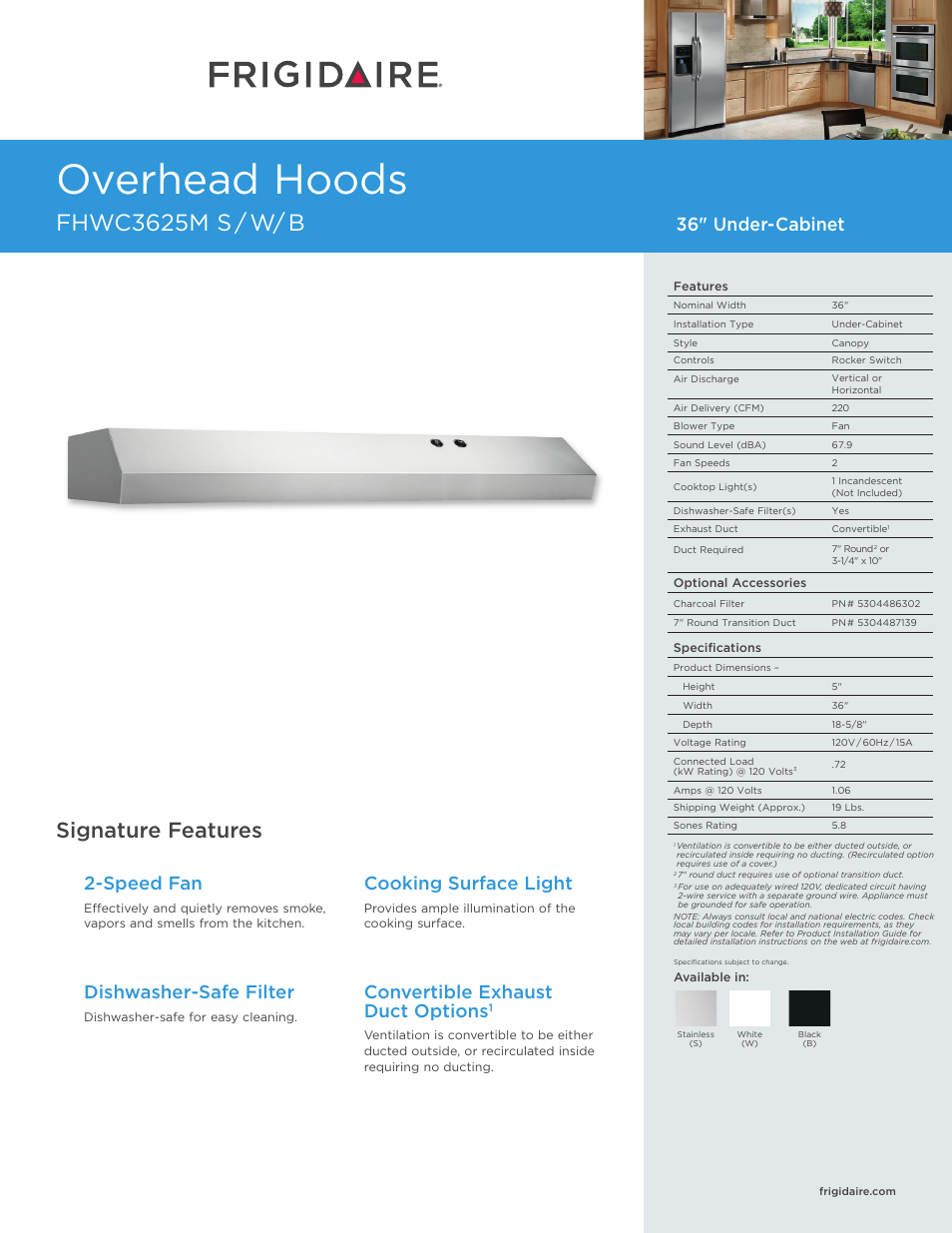 FRIGIDAIRE FHWC3625MB User Manual | 2 pages