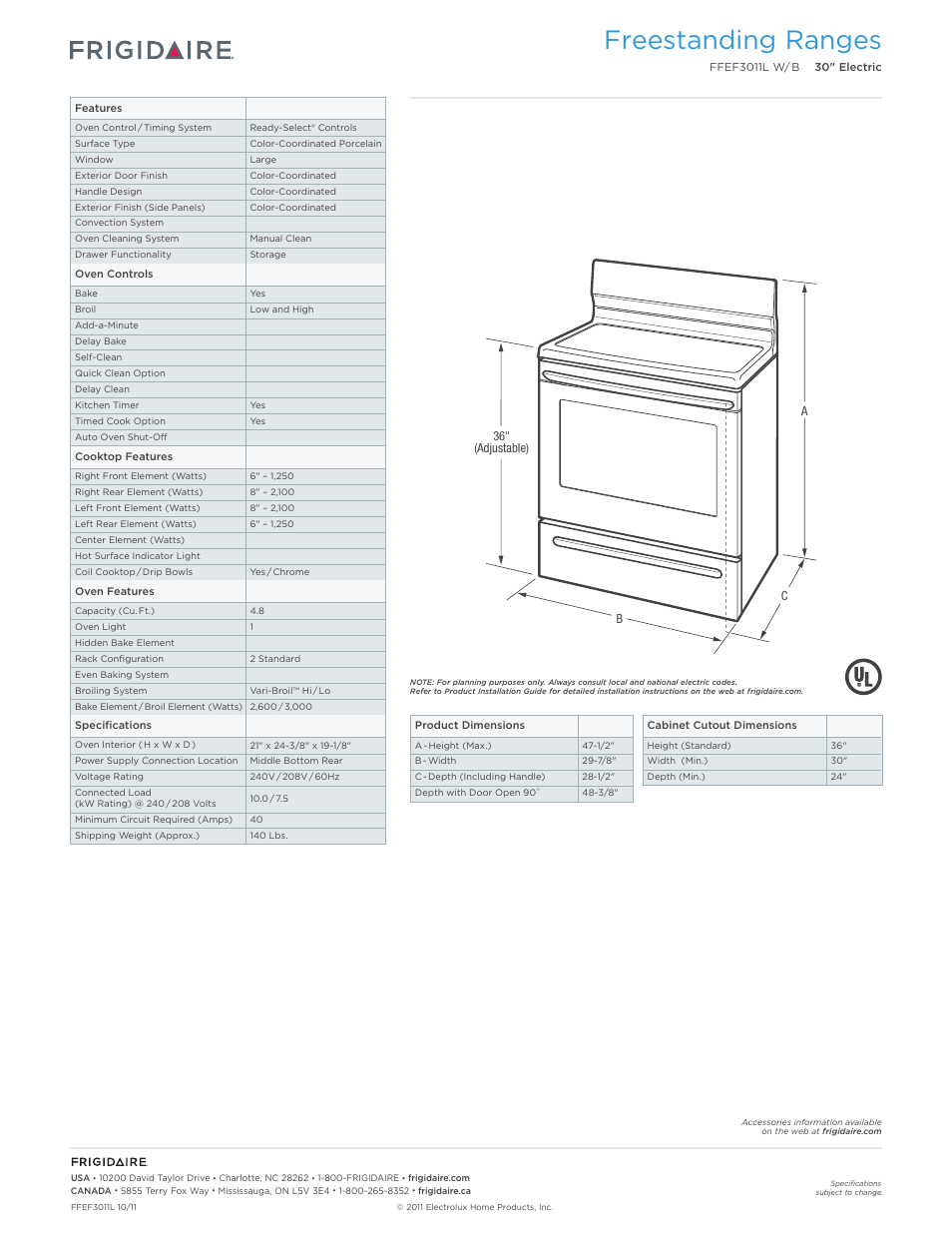 Freestanding ranges | FRIGIDAIRE FFEF3011LW User Manual | Page 2 / 7