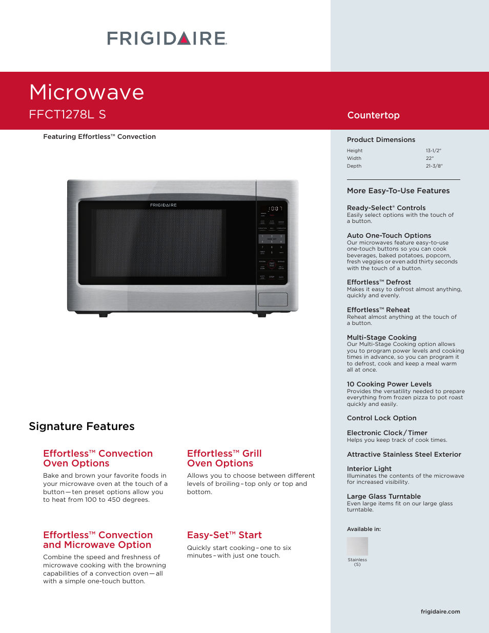 FRIGIDAIRE FFCT1278LS User Manual | 2 pages